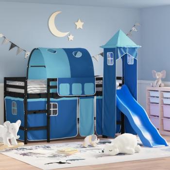 Cama loft infantil azul 90x190 cm de pino macizo con torre