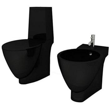 vidaXL Set de Inodoro y Bidé Suelo Pie Cerámica Negro WC Váter Retrete Bidet