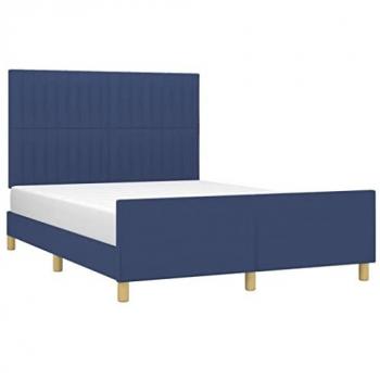 Estructura de cama con cabecero acolchado tapizado en tela azul, tamaño 140x200 cm
