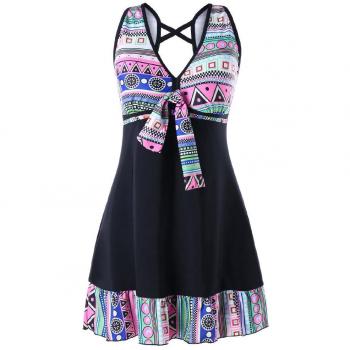 Mujer Tankini con Falda Push up Bohemio Bañador Estampado Geométrico Traje de Baño Elegante Cruzado Tallas Grandes de Dos Piezas, Rosa, 3XL/EU50