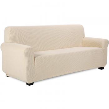 TIANSHU Funda de sofá 3 plazas Tejido Jacquard de poliéster y Elastano Fundas de sofá Suaves duraderas（3 plazas，Marfil）