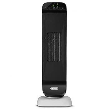 De'Longhi Termoventilador Cerámico de Torre, Calentamiento Rápido con 2 Niveles, Mando a Distancia, Temporizador 24h, Giratorio, Función Eco, Termostato de Seguridad, 2000W, HFX25S20, Blanco/Negro