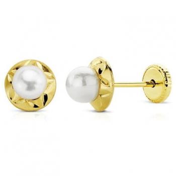 Pendientes Inmaculada Romero Oro 9k Niña 6mm Redondos Orla Tallada Perla Centro 4mm Tornillo Diseño Elegante, Pendientes oro 18k plumas 16mm lisas cierre presión mujer