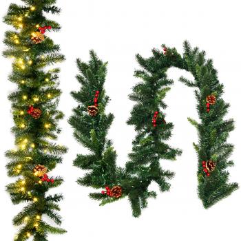Guirnalda de Navidad de Pino Iluminada 270 cm con 100 Luces LED, Piñas y Bayas Rojas, Temporizador, Guirnalda Artificial Decorativa