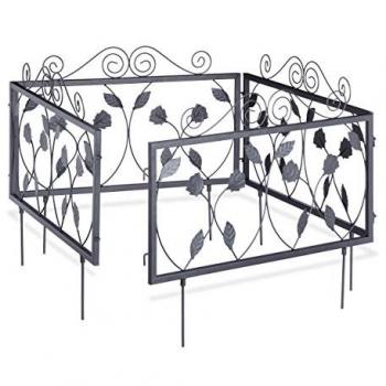 Valla Jardín Metálica Vintage con Hojas Adorno, Set de 4 Paneles, 34,5x56,5 cm, Color Negro
