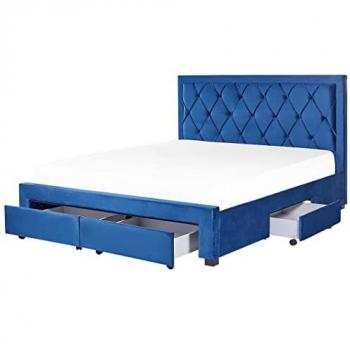 Cama con Almacenaje de Terciopelo Azul Marino 180 x 200 cm, Cajones y Cabecero Alto Capitonné Glamuroso Lievin