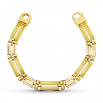 Pulsera Oro Bicolor 18k Mujer Eslabones Rectangulares Calados Mosquetón