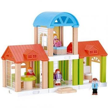 WOOMAX - Casita modular de muñecas de madera, WOOMAX, 31x10,5x23x5 cm, incluye 4 muñecos, 42 piezas, casa muñecas de madera, juego motricidad fina 3 años, + 3 años,