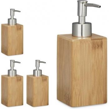 Set de 4 Dispensadores de Jabón de Bambú, Cuadrados, con Bomba Manual, 240 ml, para Lociones y Cremas, Diseño Natural