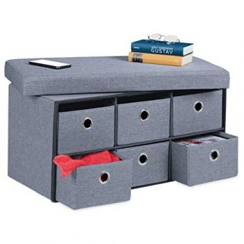 Banco Almacenaje Plegable Relaxdays con 6 Cajones y Asiento Acolchado, 39x76x38 cm, Gris