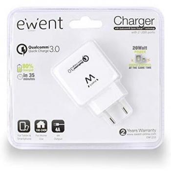 Cargador USB Carga Rápida 20W 2 Puertos Cargador Adaptador de Carga QC 3.0 – hasta 4X Más Rápida Carga para Galaxy S9, Huawei P10, P20, Xiaomi, Smartphones y Tabletas, Blanco