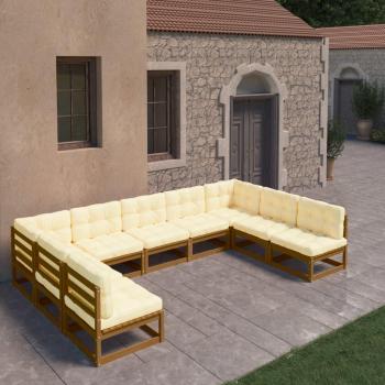 Set de muebles de jardín 9 piezas con cojines en madera de pino color marrón miel