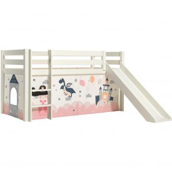 Cama de media altura 90x200 cm con tobogán, somier incluido y textil Princesa Sofía en pino blanco