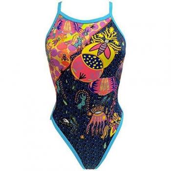 Bañador de natación Turbo Huichol azul amarillo rosa mujer - L