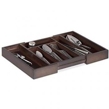 Bandeja para Cubiertos de Cajón, Extensible, Ancho Variable, 5 a 7 Compartimentos, Organizador de Bambú, Dimensiones: 5x48x33.5cm, Marrón Oscuro
