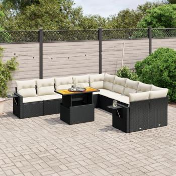 11-Piece Black Poly Rattan Garden Sofa Set with Cushions