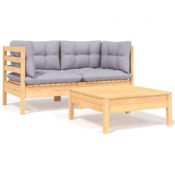 Juego de muebles de jardín 3 piezas con cojines de madera de pino maciza en colores marrón y gris, natural y crema, blanco