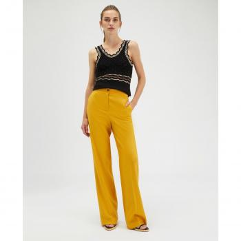 Pantalón Palazzo de Mezcla de Lino para Mujer con Bolsillos Americanos y Abertura Delantera con Botón y Cremallera