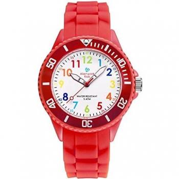 Alienwork Kids Reloj de Aprendizaje Infantil Niña Rojo Pulsera de Silicona niños Impermeable 5 ATM Tiempo de Aprender