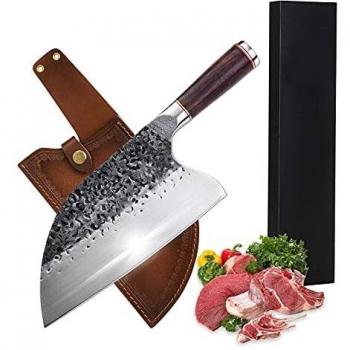 Cuchillo de cocinero japonés profesional, cuchillo de serbo deshuesado de cocina, hoja de 20 cm con funda, también para Bushcraft de camping al aire libre, con funda de piel