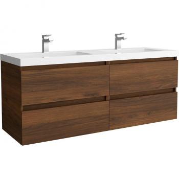Mueble de baño Bequia con lavabo doble Toscana, 140 cm, lavabo de carga mineral, acabado en nogal, dimensiones 140x45x59 cm