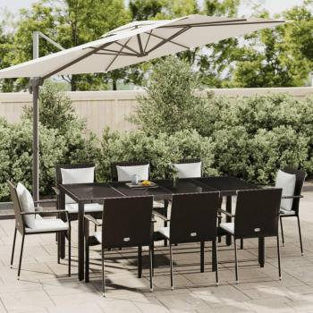 9-Piece Black Poly Rattan Garden Dining Set with Cushions
