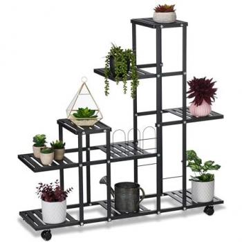 Estantería para Plantas Metálica Relaxdays, 9 Niveles, 91,5 x 93 x 26 cm, Repisas de Flores con Ruedas, Metal Negro Acero