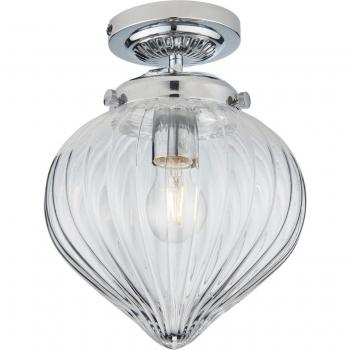 Plafón Cheston 1 luz Acero, cristal Placa cromada, cristal estriado transparente, Lámpara de techo semi empotrada, cromo, pantalla de globo de vidrio acanalado transparente, IP44