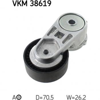 Polea tensora, correa poli V SKF VKM 38619, tipo de producto: polea tensora, características: diseñada para sistemas de transmisión de potencia en vehículos, fabricada por SKF, modelo VKM 38619