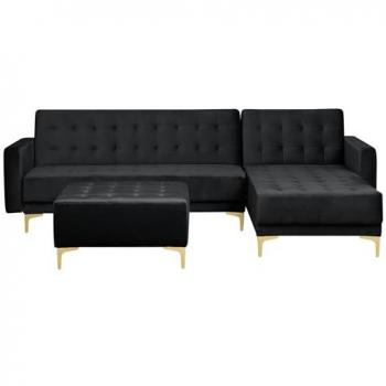 Sofá Esquinero Modular 4 Plazas de Terciopelo Negro con Chaise Longue Izquierda y Otomana Aberdeen