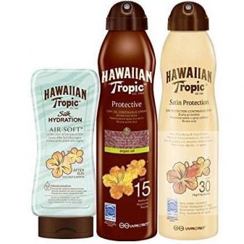 Hawaiian Tropic Satin Tanned Up - Bruma Protector Solar SPF 30 + Bruma de Aceite Argán SPF 15 + After Sun Silk Hydration - Pack 3 unidades