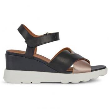 Sandalias GEOX D Spherica Ec6 para mujer, cuña de 7.5 cm, piel negra, con velcro, casual