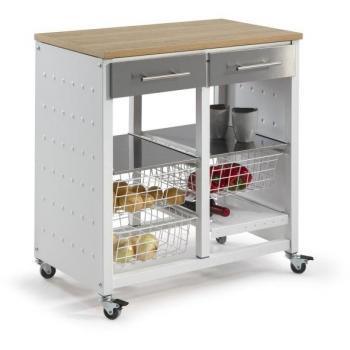 Carrito de Cocina Doble BERGEN - Don Hierro, Olmo y Metal Lacado Blanco, Diseño Contemporáneo y Roulante