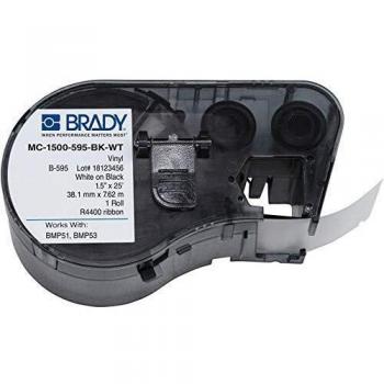 Cinta de vinilo negra sobre fondo blanco Brady MC-1500-595-BK-WT, 38,1 mm x 7,62 m para impresora de etiquetas BMP51 y BMP53