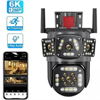 Cámara PTZ 12 MP 6K WiFi con Múltiples Lentes, Tres Pantallas, Panorámica 360°, Detección de Movimiento para Videovigilancia IP en Exteriores