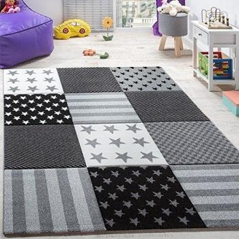 Alfombra Infantil De Velour Corto Con Diseño De Estrellas Y Cuadros Gris Negro , Grösse:160x230 cm