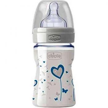 Chicco Wellbeing - Biberón de vidrio/cristal con tetina silicona anti cólicos, flujo normal, 150 ml, bebés 0 m+, color azul