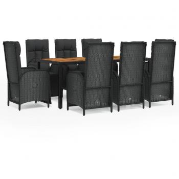 9-Piece Black Poly Rattan Garden Dining Set with Cushions