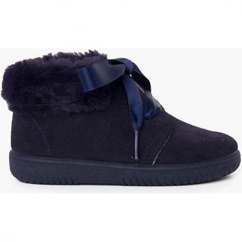 Botas de bebé niña de serraje con cuello de pelo y cordones de raso
