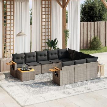 11-Piece Grey Poly Rattan Garden Sofa Set with Cushions