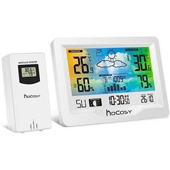 HOCOSY Estación Meteorológica Interior y Exterior con Sensor Inalámbrico al Aire Libre, Termómetro Ambiental con Temperatura,Humedad,Tiempo,Hora Local,2 Despertador y 2 Canales