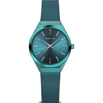 Bering Ultra Slim Green Swarovski Elements Watch, Female, Green, Size: ONE SIZE