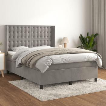 Cama box spring con colchón de muelles de terciopelo gris claro 140x200 cm