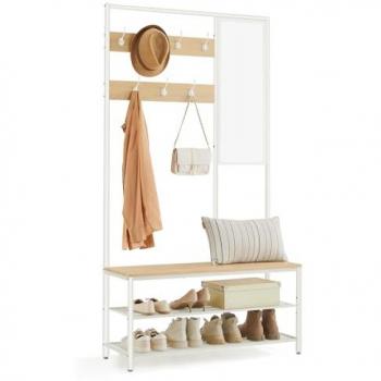 Perchero Recibidor Multifuncional con Banco, Espejo y Estantes - 35x98x180 cm, Estilo Moderno, para Pasillo, Dormitorio y Salón