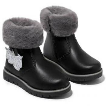 Botas de Niña Conguitos con Collarín de Pelo y Dibujo de Unicornio en Color Negro