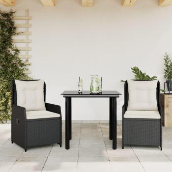 3-Piece Black Poly Rattan Garden Dining Set with Cushions