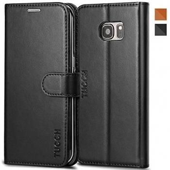 Funda Samsung Galaxy S7 Edge, TUCCH Funda Cuero con Soporte Plegable, Ranuras para Tarjetas, Interior en Negro Abertura para Cámara, Acceso a Botones, Cierre Magnético, Color Negro