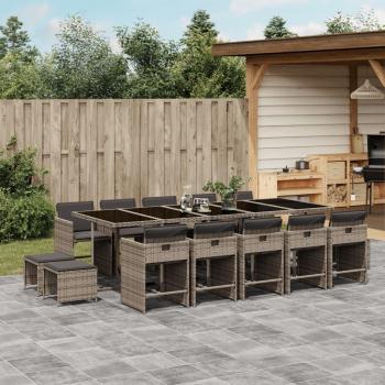 Set de comedor de jardín 15 piezas con cojines de Polyrattan gris