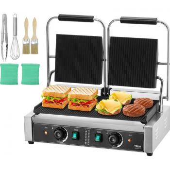 Sandwichera Eléctrica Doble Comercial 3600W de Acero Inoxidable para Panini con Control de Temperatura y Placas Esmaltadas Ranuradas