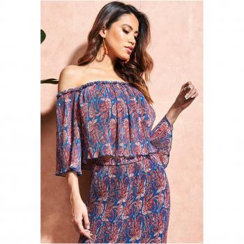 City Goddess Off The Shoulder Printed Crop Top - Blue Leather - Size 14 UK